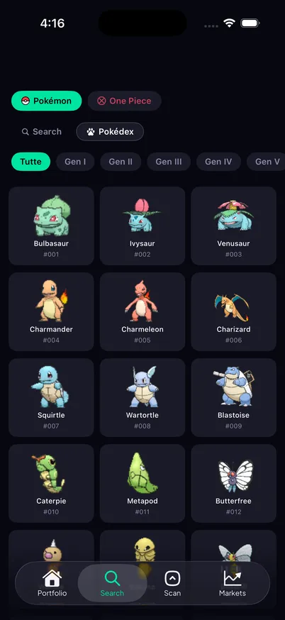Schermata Pokédex di Grail con una griglia di sprite Pokémon