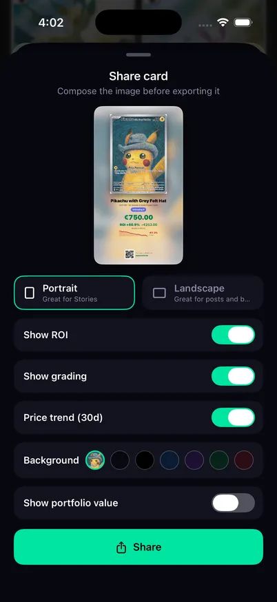 Builder di condivisione carta di Grail con una carta gradata, ROI e QR code
