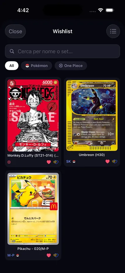 Schermata wishlist di Grail con carte Pokémon e One Piece salvate
